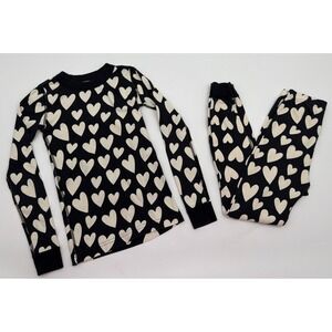 Hanna Andersson Girls Size 130 US 8 Black White Heart 2 Piece Pajama EUC